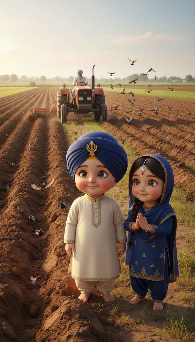 Illustrated children standing in sunny farmland with a tractor behind them
