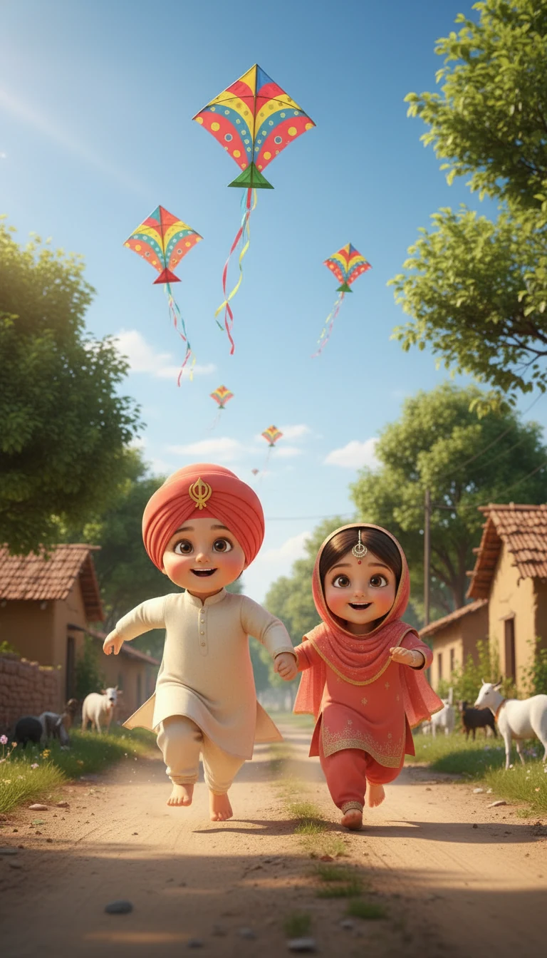 Illustrated Sikh children flying colourful kites on a village path