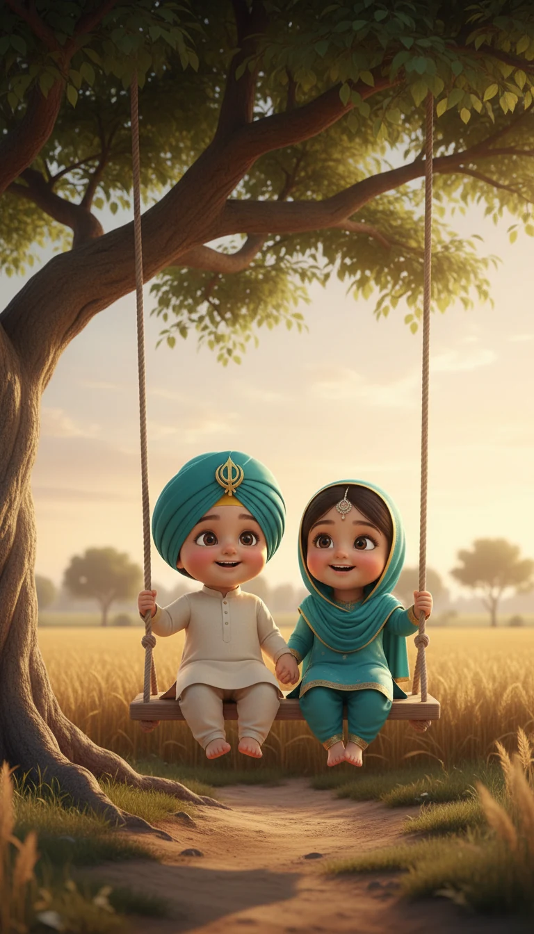 Storybook illustration of two Sikh children on a swing under a tree in golden countryside