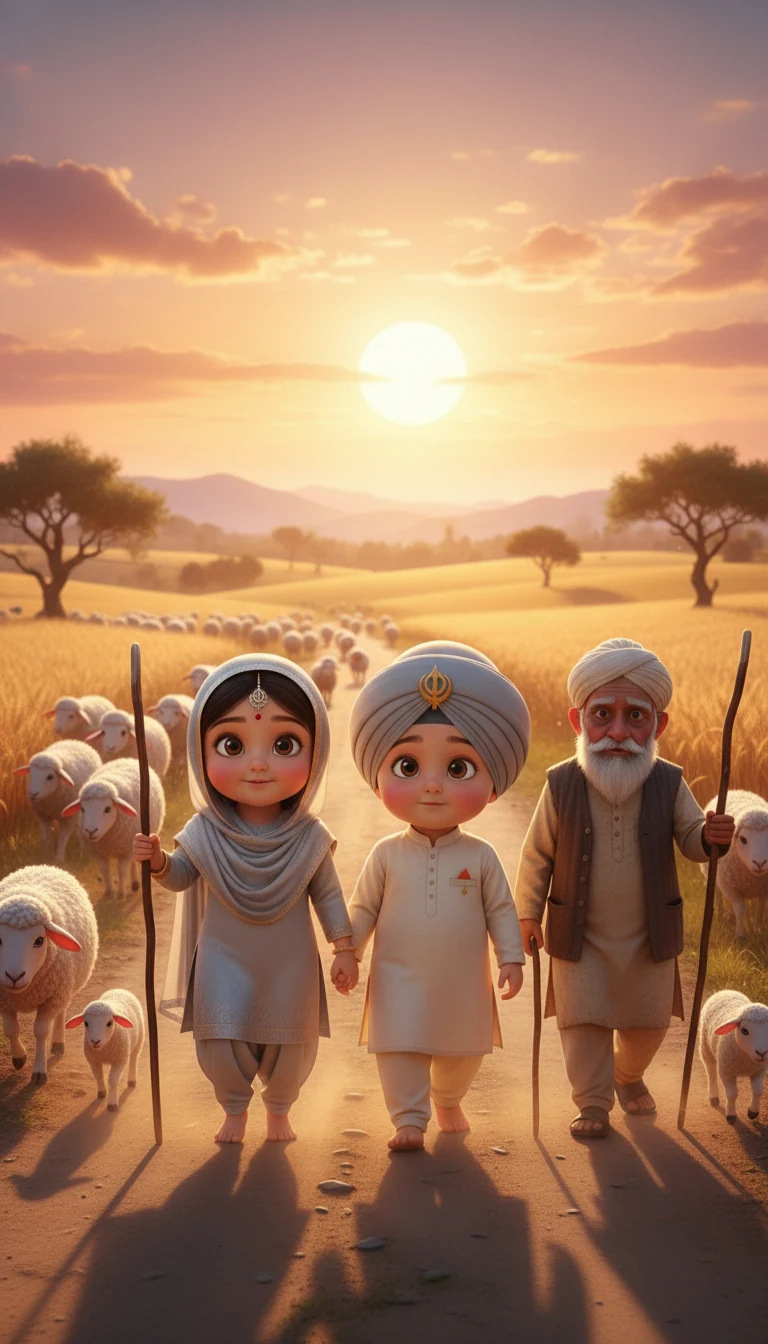 Storybook children and a shepherd with sheep in a golden evening landscape