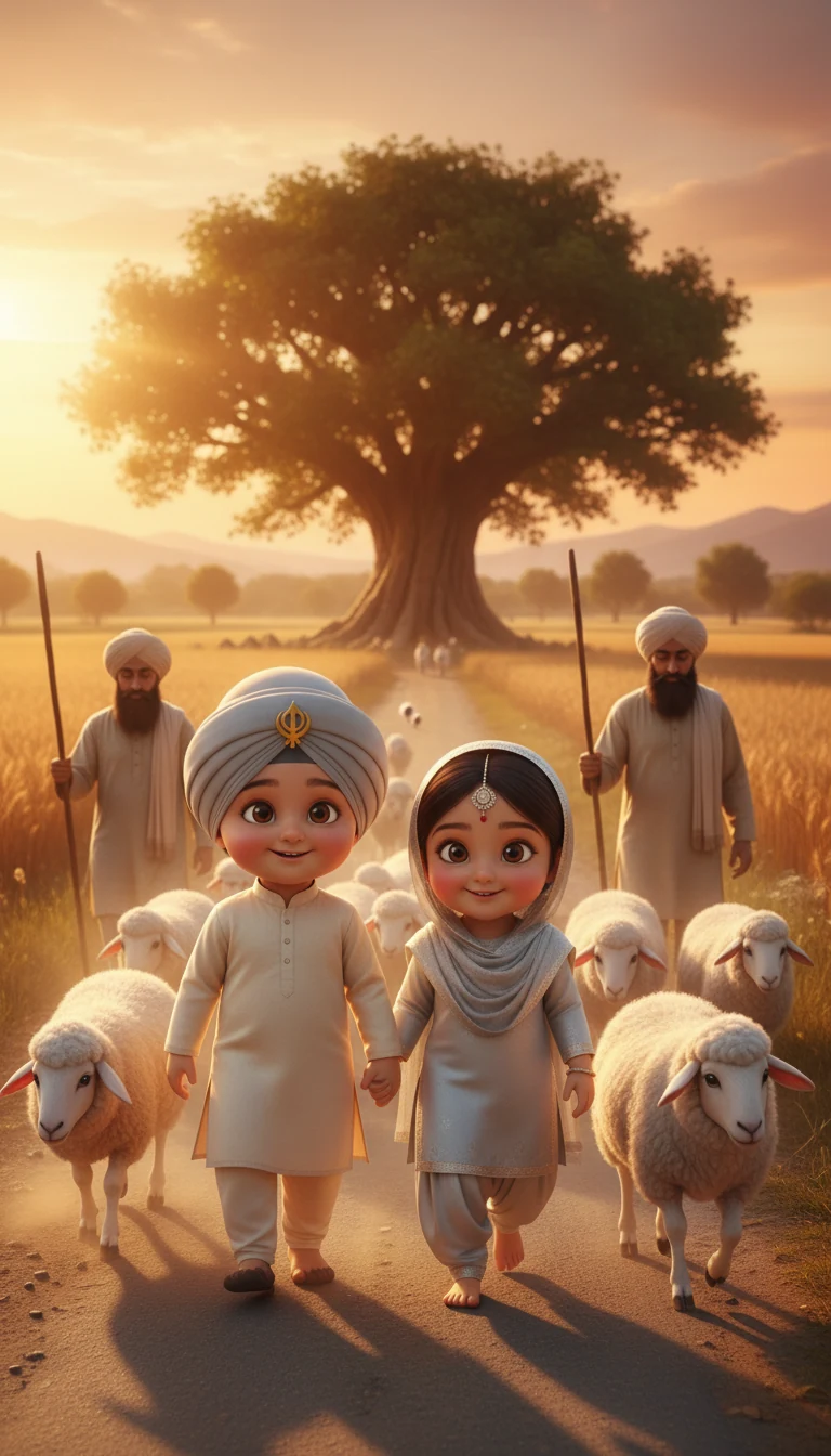 Illustrated children and sheep beneath a large golden tree